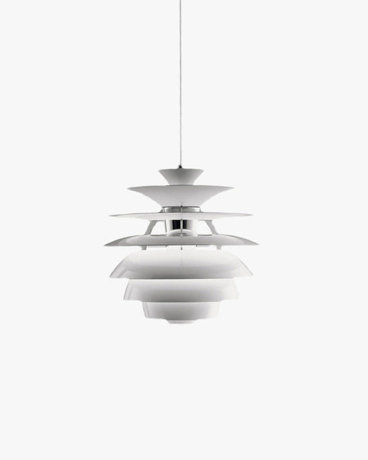 WOMO WM2664 scandinavian pendant light arranges floating white metal discs around a chrome center, creating a lightweight pinecone silhouette that remains sculptural even when unlit.