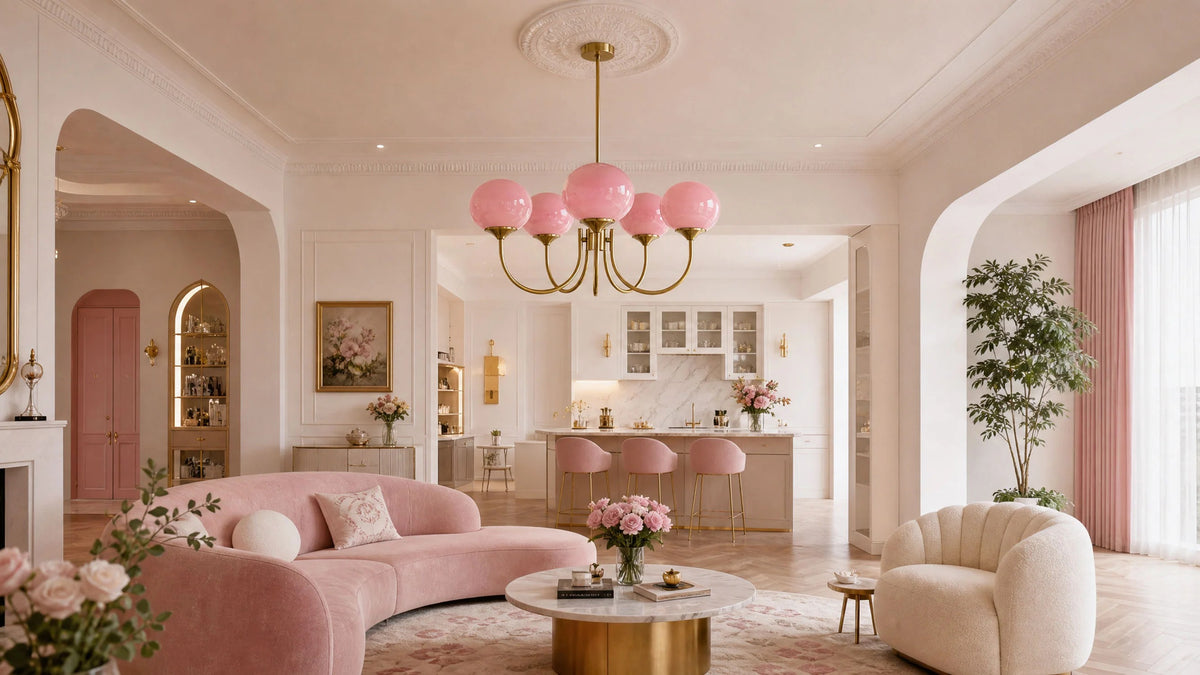 WOMO Pink Glass Globe Swoop Arm Chandelier-WM2052